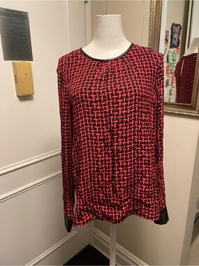 Zara red geometric top with faux leather trim
